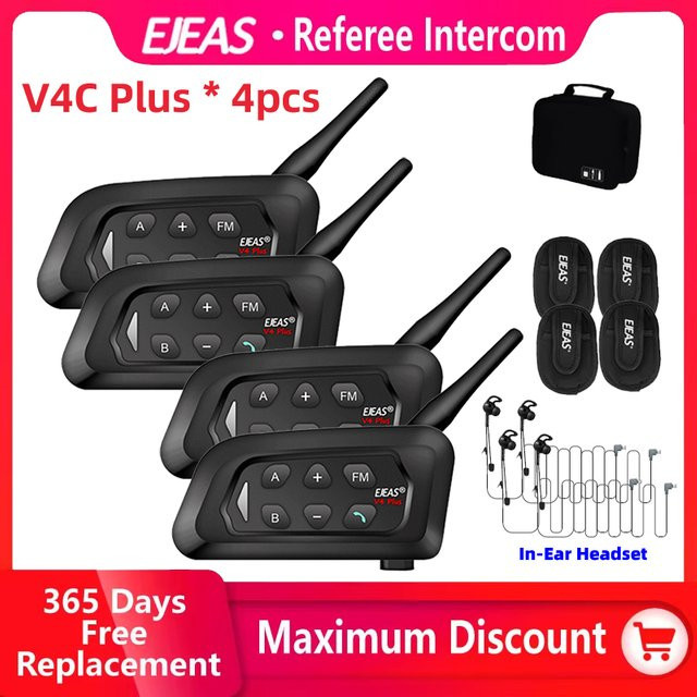 EJEAS V4C PLUS In-Ear Intercom Headset Set für Fußball Schiedsrichter, 4er Pack, Bluetooth 5.1, Wasserdicht, Schwarz - Bild 1