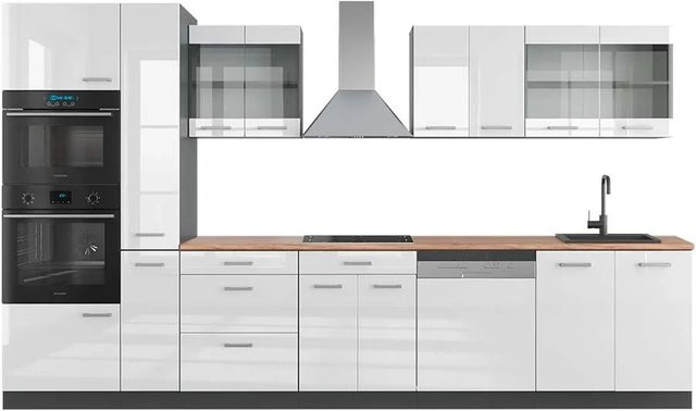 Vicco R-Line Küchenzeile in Weiß Hochglanz und Anthrazit mit Hochschrank in Eiche Optik, Breite: 350 cm - Bild 1