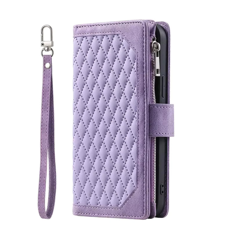 Lanyard Rhombic Ledertasche für Samsung Galaxy S24 Ultra S23 S22 S21 S20 Note 20 A55 A35 A25 A15 Flip Wallet mit Kartenabdeckung in Schwarz und Lila - Bild 2