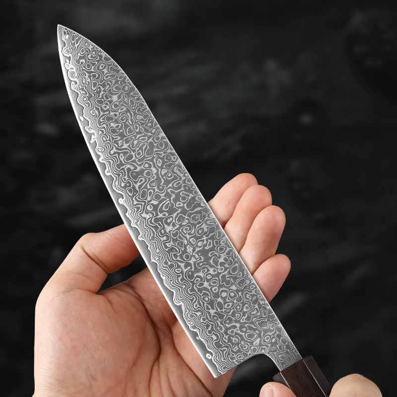 Baovim Japanisches Kochmesser aus handgeschmiedetem Damaststahl in Schwarz und Silber mit Ebenholzgriff, Länge: 20,3 cm - Bild 2