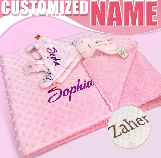 NanBeiCat Personalisierte Bestickte Minky-Babydecke und Hasen-Kuscheltier-Set in Pink aus Polyester - Bild 1