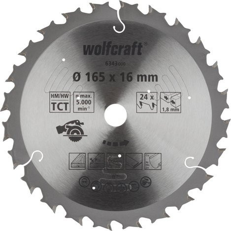 Wolfcraft Kreissägeblatt mit 24 Zähnen aus Hartmetall für Holz, Metall und Kunststoff, Durchmesser: 165 mm, Farbe: Silber - Bild 1