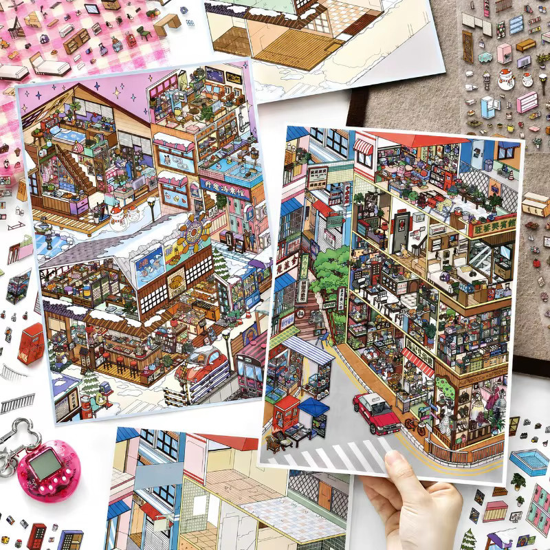 Infeelme Scenery Building Sticker Set Hot Spring Town DIY Decal in Multicolour - Bild 3