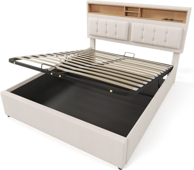 okwish Polsterbett mit Bettkasten und USB-Ladefunktion in Beige, B/T/H: 140 x 200 x 143 cm - Bild 1