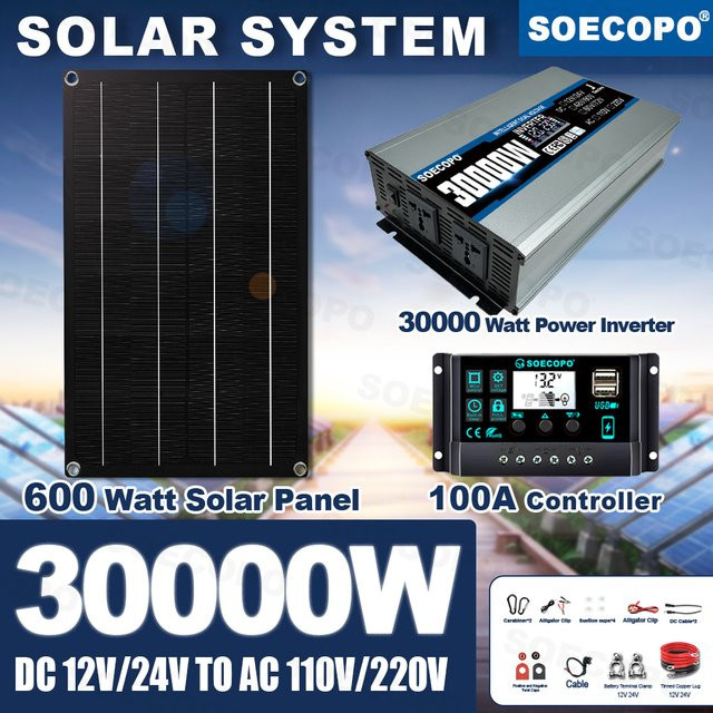 SOECOPO Solarsystem-Kit 30000W mit 600W Photovoltaik-Panel, Wechselrichter 12V/24V zu 110V/220V und 100A Regler in Schwarz für Zuhause und Camping - Bild 1