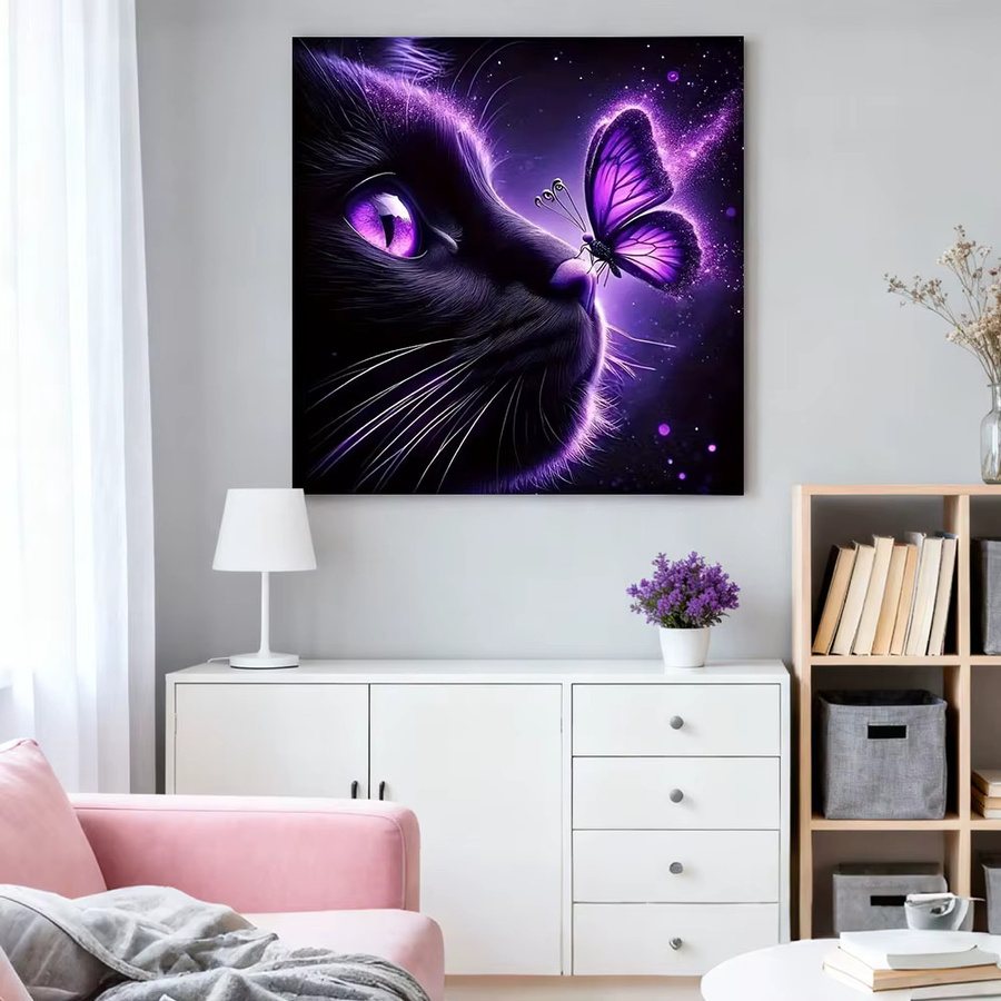 HUACAN Diamant-Mosaik-Set Katze mit schwarzem Schmetterling, DIY Kunsthandwerk für die Wanddekoration, runde Steine, Farbe: Schwarz, B/T/H: 30 x 30 x 30 cm - Bild 3