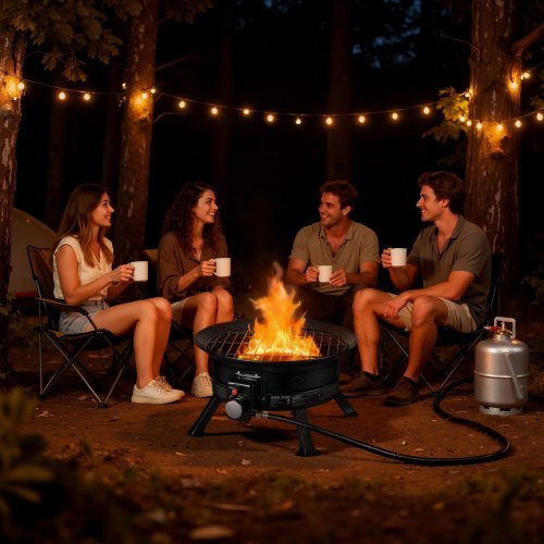 VEVOR Propane Fire Pit mit Grillrost und Lavasteinen, tragbare Gas Feuerstelle mit verstellbarer Flamme und klappbaren Beinen, Schwarz, Durchmesser: 60,5 cm - Bild 1