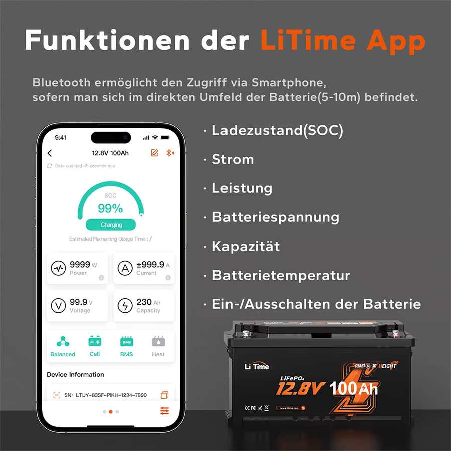 Litime LiFePO4 Bluetooth Batterie 12,8V 100Ah in Schwarz mit Low-Temp-Abschaltschutz und hoher Zyklenfestigkeit - Bild 2