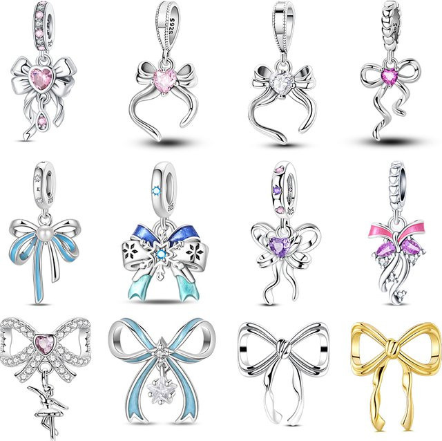 Qikaola Charms, 925 Silber, rosa Schleifen-Anhänger, Zirkonia - Bild 1