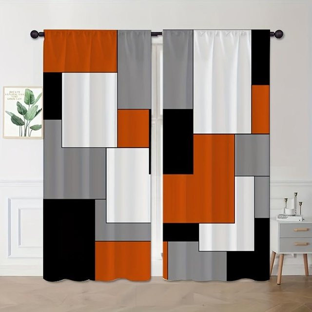 2-teiliges Yiran Furniture Fenstervorhang mit abstraktem Grafikprint in Orange, B: 75 cm, H: 166 cm - Bild 1