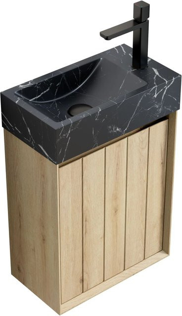 PXloue Waschtisch Badmöbel mit Unterschrank und Marmor Waschbecken, Wandhängend, Schwarz, Breite: 40 cm - Bild 1