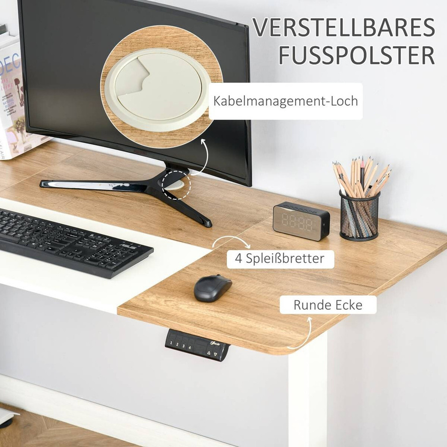 Vinsetto Elektrischer Schreibtisch höhenverstellbar in Weiß-Natur mit Kabelrinne B/T/H: 140 x 70 x 72-116 cm - Bild 2
