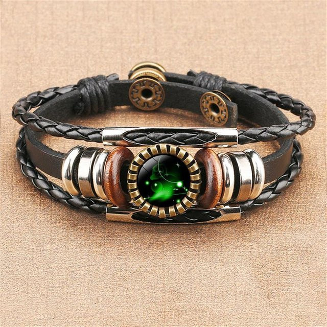 Three Meows Herrenarmband, schwarzes geflochtenes Leder, Glaskuppel - Bild 1