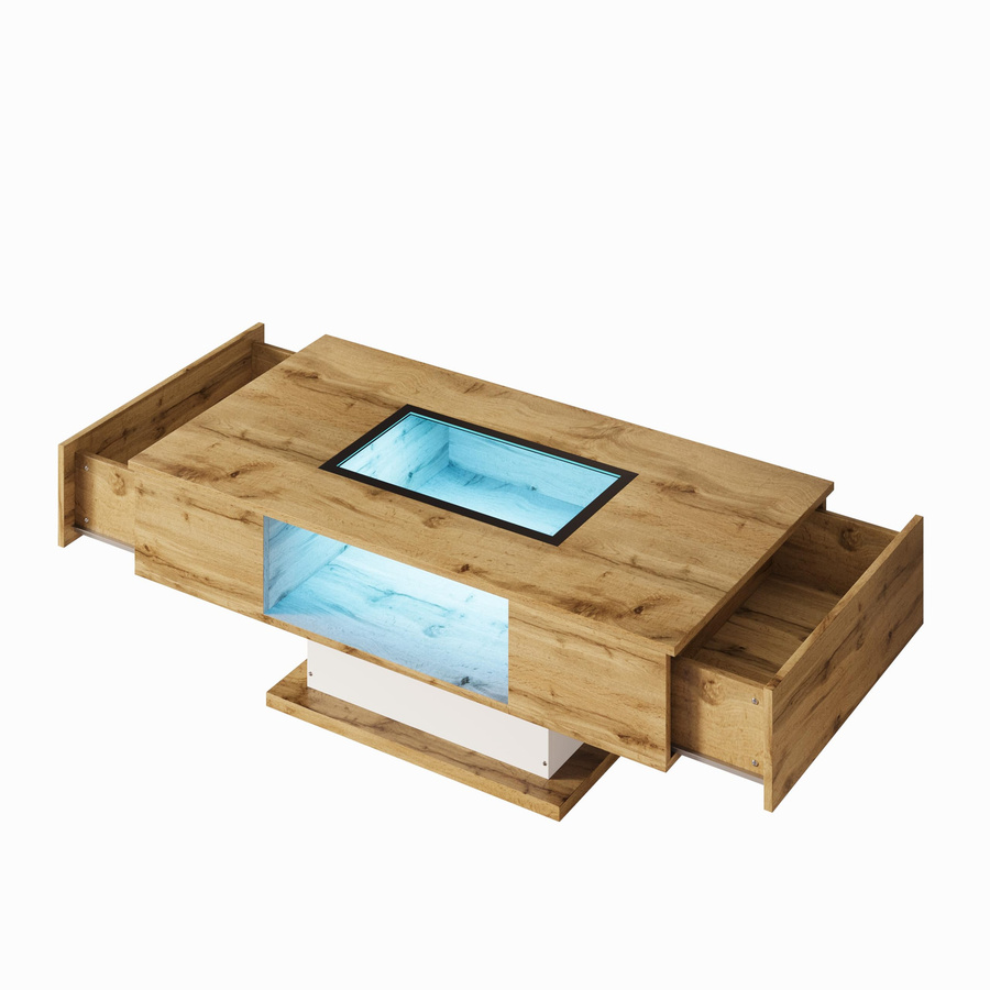 Flieks Couchtisch mit LED-Beleuchtung und Glasplatte in Weiß/Braun, modernes Design mit 2 Schubladen und offenem Aufbewahrungsfach, B/T/H: 110.2 x 60 x 39.7 cm - Bild 2