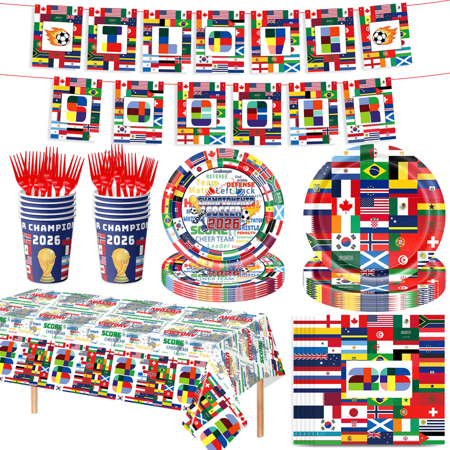 Potdemiel Einweg-Tischware mit internationalen Weltflaggen in Multicolour für Fußball-Partys und Sport-Geburtstagsdekorationen - Bild 5