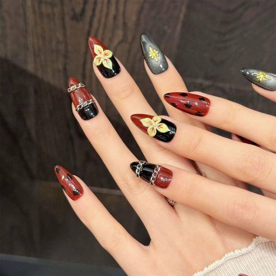 YADORNOS Kunstnägel Mandel-Design, 10 Stück, rot schwarz, 3D-Blume, Damen - Bild 3