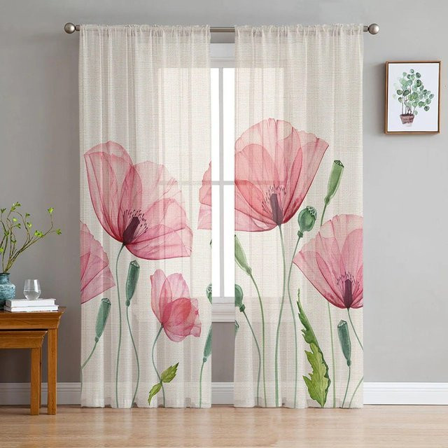 Transparenter Mohnblumen-Tüllvorhang von A Family Of Home Textiles in Weiß mit floralem Design, Breite: 135 cm, Höhe: 114 cm - Bild 1