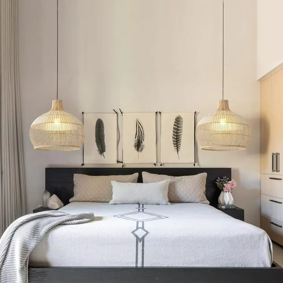JOYINLLED Weiße Boho-Hängelampe aus Bambus, handgewebte Pendelleuchte für Wohnzimmer, Esszimmer und Schlafzimmer, Durchmesser: 35 cm, E27 - Bild 6