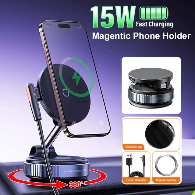 Kebidumei Magnetischer Telefonhalter mit Vakuumadsorption und 15 W Kabellosem Ladegerät, 360 Grad drehbar, Schwarz - Bild 1