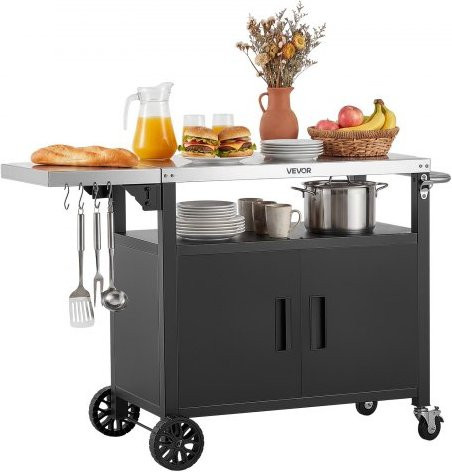 VEVOR Outdoor Grillwagen mit Edelstahlplatte und Stauraum in Schwarz, Mobile Kücheninsel mit Rollen für Garten und Terrasse, Breite: 124 cm - Bild 1