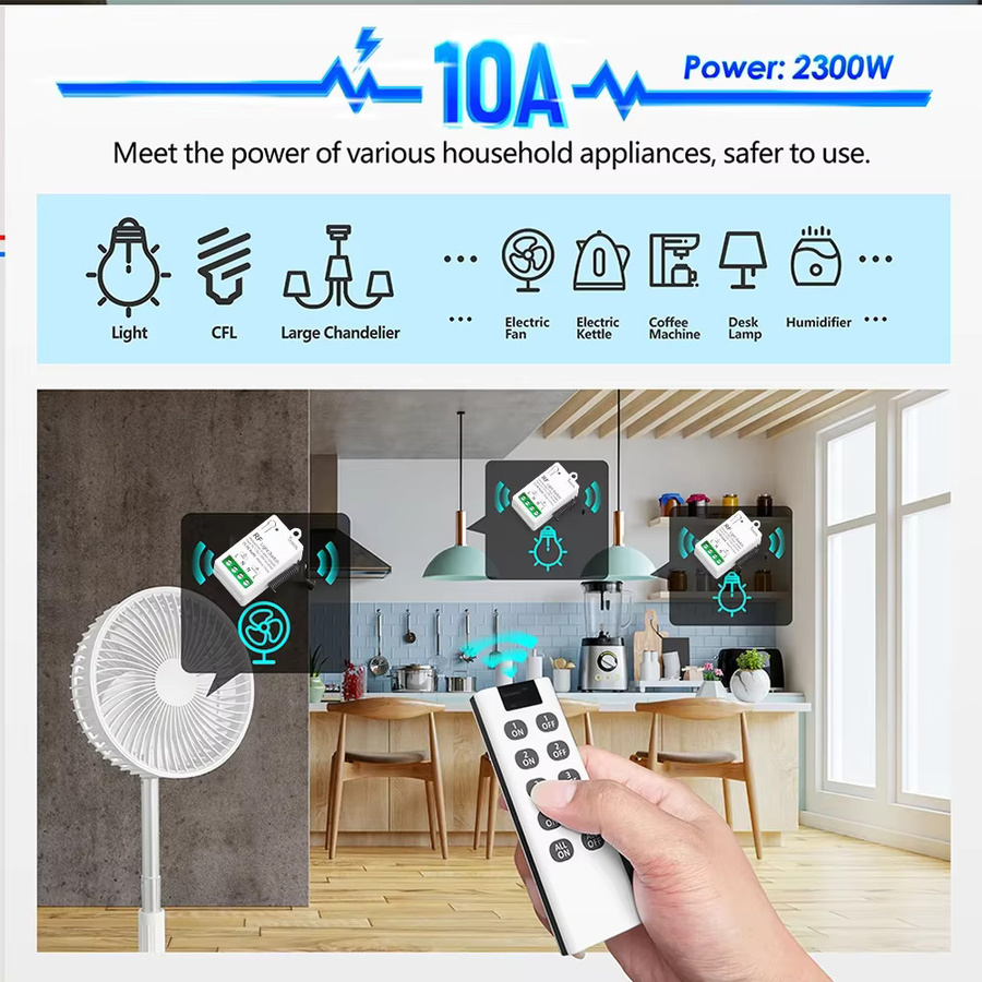 Tedeligo Drahtloser Lichtschalter mit RF-Handfernbedienung 433MHz, Mini-Relaisempfänger für LED-Deckenleuchten und Ventilatoren, Farbe: Weiß - Bild 4