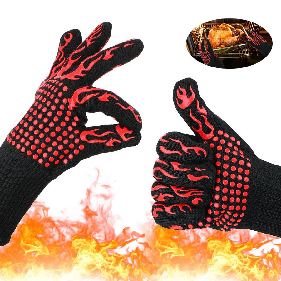 Hitzebeständige BBQ Feuerhandschuhe von Household supplies MH aus Silikagel und Baumwolle, extrem feuerfest für 300-500 Grad Celsius, rutschfest und schwer entflammbar, erhältlich in Schwarz, Rot oder Blau - Bild 2