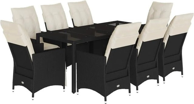 vidaXL 9-teilige Garten-Essgruppe aus schwarzem Poly-Rattan mit Hartglas-Tisch und Kissen - Bild 1