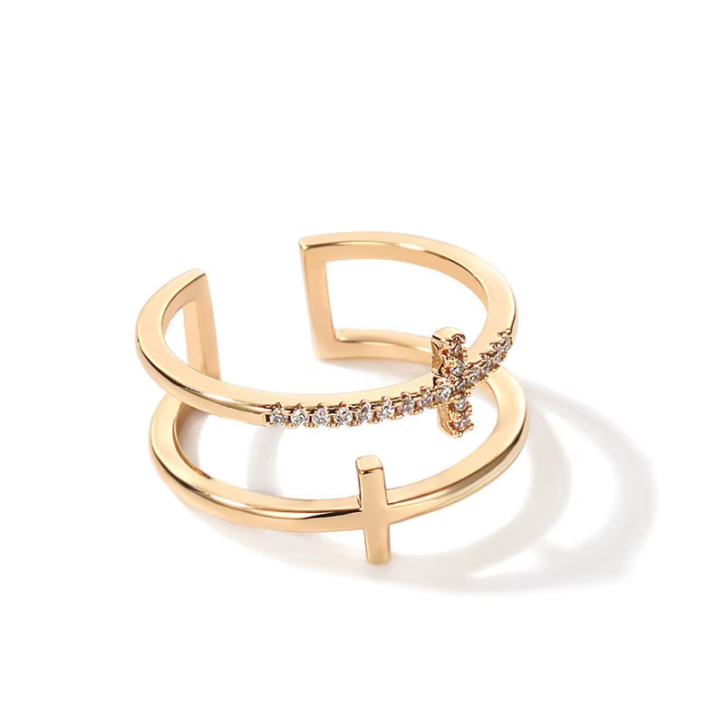 DAIPAN Ring, Doppel Schicht Kreuz, Bicolor, Gold, Silber Farbe, Damen - Bild 2