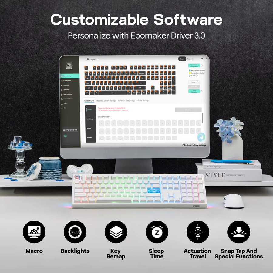 EPOMAKER HE108 Tri-Mode Wireless Gaming-Tastatur mit Hall-Effekt-Sensor und 10000mAh Akku, ANSI US QWERTY Layout, Schwarz oder Weiß - Bild 4