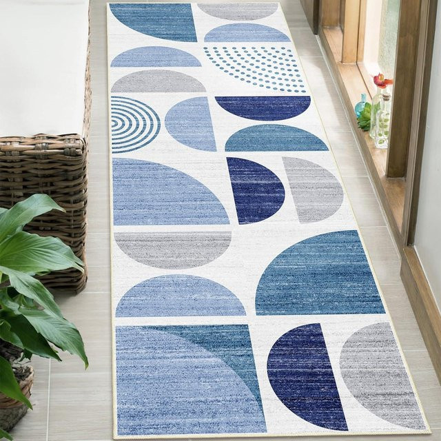 LjqTwelve Minimalistischer geometrischer Flurteppich in Blau, rutschfester und waschbarer Küchenläufer aus Polyester, B/T: 40 x 120 cm - Bild 1