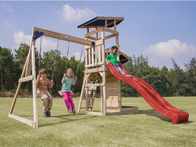 Axi Spielturm Malik mit Doppelschaukel Braun und Rutsche Rot - Bild 1