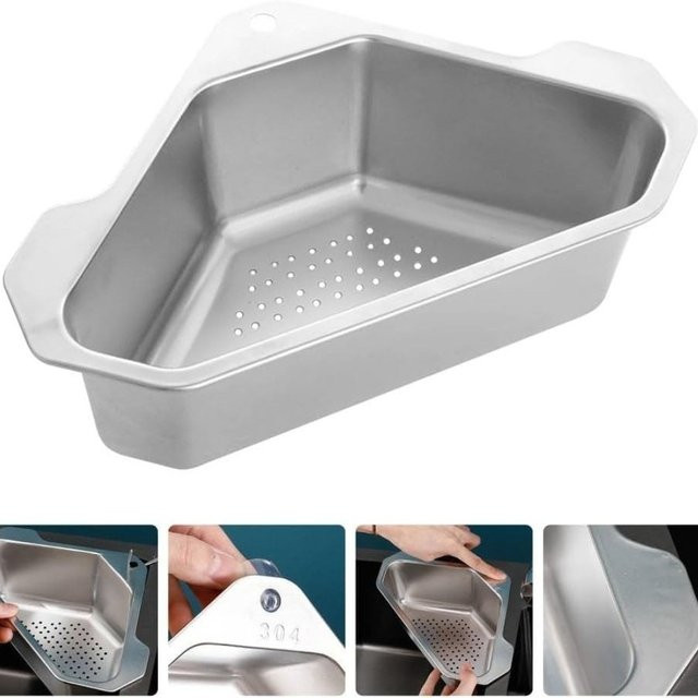 FEB.WIND Abtropfkorb aus Edelstahl in Silber für Waschbecken und Wasserhahn, dreieckiges Eckregal zur Aufbewahrung von Seife und Gemüse - Bild 1