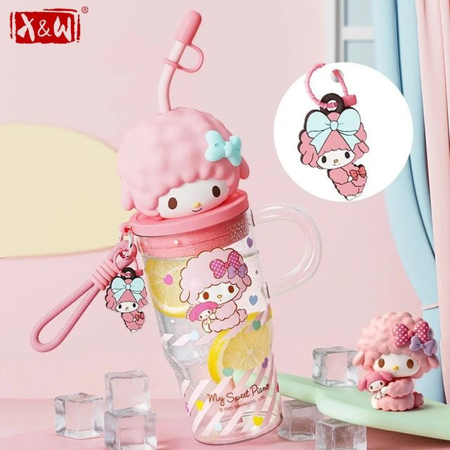 X&W Sanrio Hello Kitty Glasbecher aus Borosilikatglas mit Strohhalm und Griff in Transparent - Bild 1