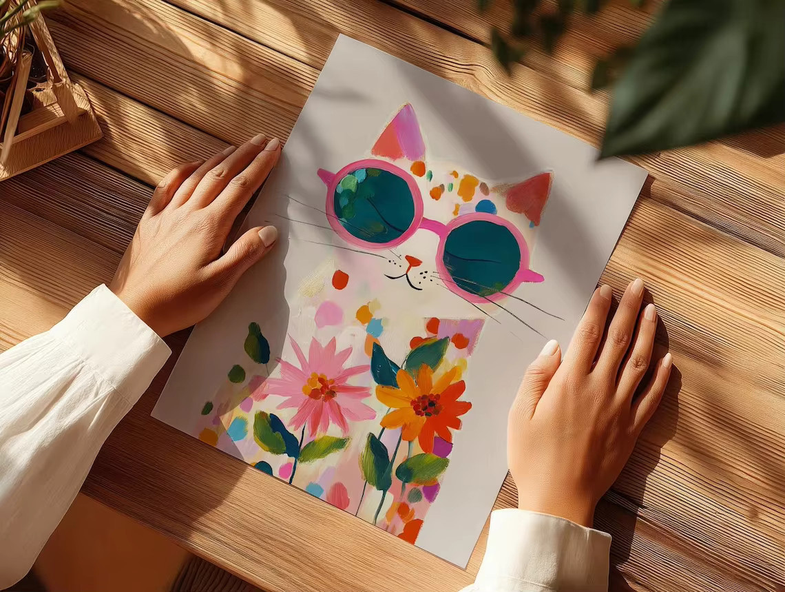 Boho Katzen Wandkunst von SHENCHEN: Bunter abstrakter Aquarelldruck mit gepunkteten Kätzchen und Blumen als rechteckiger Paper Poster in Pink und Multicolour - Bild 4