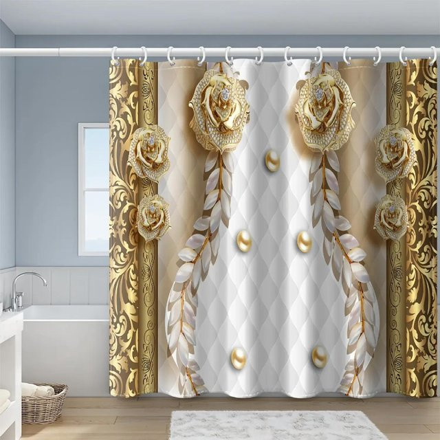 Yiran Furniture Badezimmer Duschvorhang Set mit Rosenmuster und Haken in Gold, halbtransparentes Polyester-Design, B: 180 cm, H: 180 cm - Bild 1