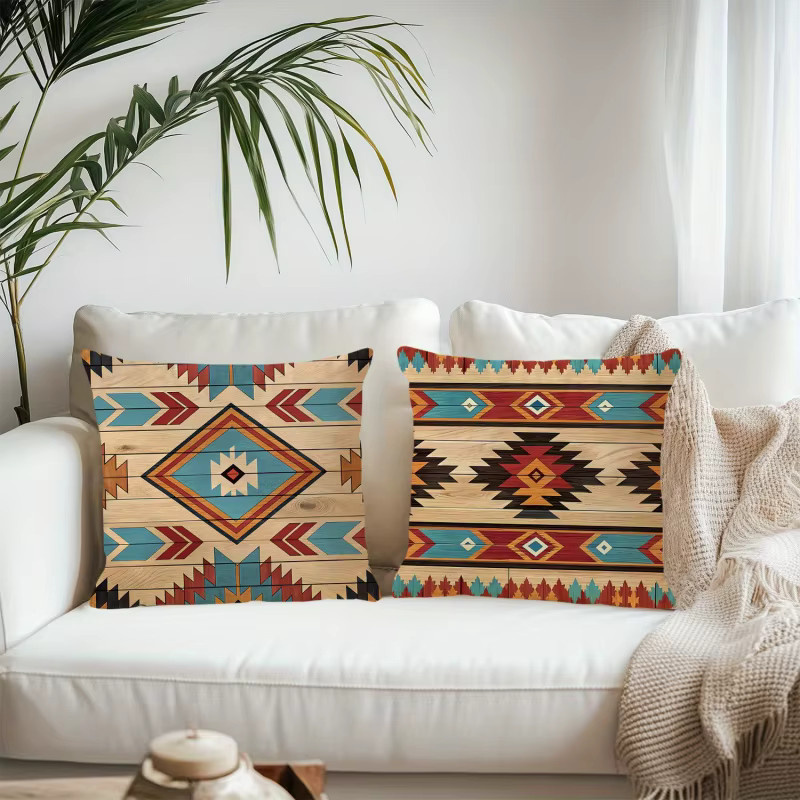VIKAMA 4-teiliges Set dekorative Kissenbezüge im Bohemian Southern Aztec Navajo Design, petrol und mehrfarbig, quadratisch, B/T/H: 45 x 45 x 45 cm - Bild 4