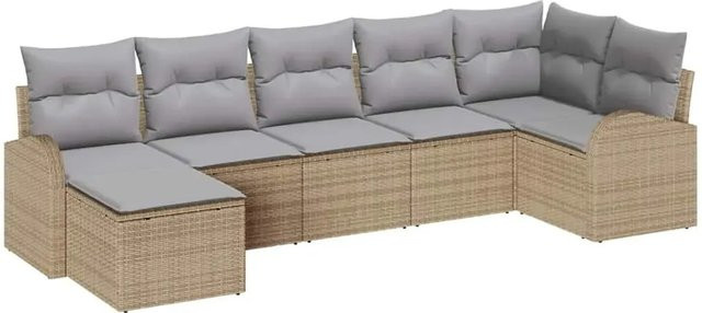 vidaXL Garten-Sofa-Set 7-teilig in Beige aus Poly-Rattan mit Polsterung und Fußhocker im L-Shape Design - Bild 1