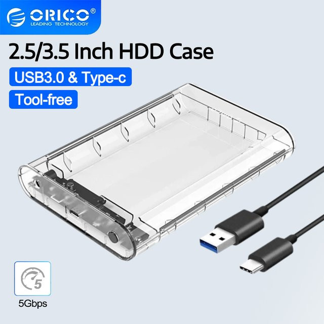 ORICO Externes SATA HDD-Gehäuse für 2,5 und 3,5 Zoll mit USB 3.0 und USB-C, Transparent - Bild 1