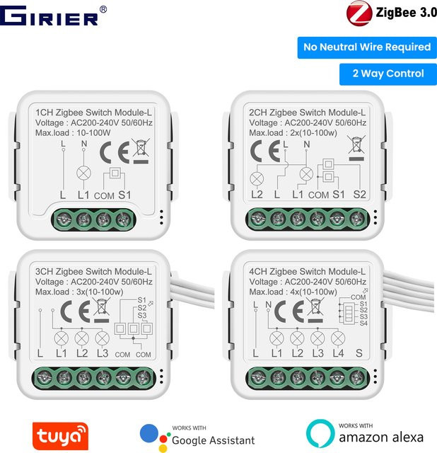 GIRIER Tuya ZigBee Smart Switch Modul in Weiß, DIY Schalterrelais ohne Neutralleiter mit 1/2/3/4-Kanal Optionen und 2-Wege-Steuerung, kompatibel mit Alexa - Bild 1