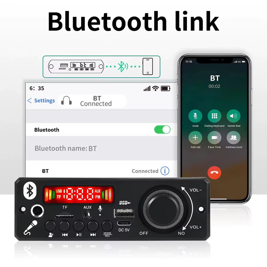 KEBIDU Bluetooth MP3-Player Decoder-Board mit 6W Verstärker, USB und TF-Slot, Stereo-Audio-Modul in Schwarz - Bild 5