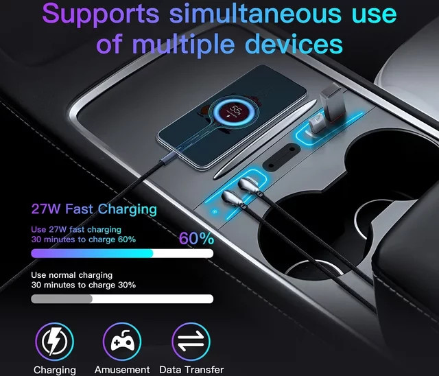 NAVIFANS 27 W Schnellladegerät USB-Hub für Tesla Model 3 und Tesla Model Y 2021–2023, Intelligente Dockingstation mit USB-A und USB-C, Schwarz - Bild 1