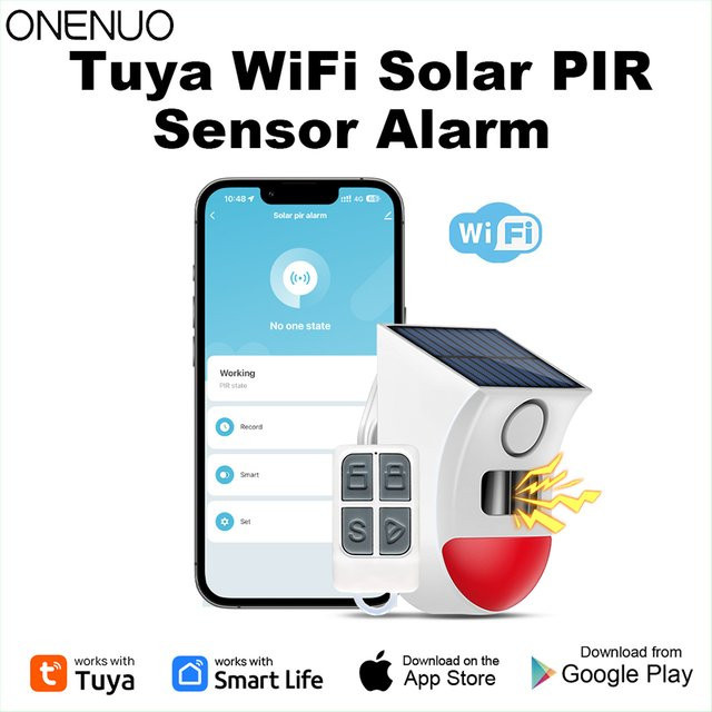 Tuya WiFi 2-in-1 Solar-Bewegungsmelder mit 120dB Sirenenalarm, Smart Life App Fernalarm für Haus, Hof und Garten, Farbe: Weiß - Bild 1