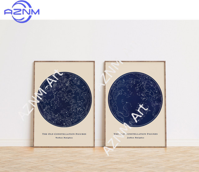 AZNM 2-teiliges Vintage Sternbild-Karten-Druckset als abstrakte Wandkunst in Beige auf Papier - Bild 1