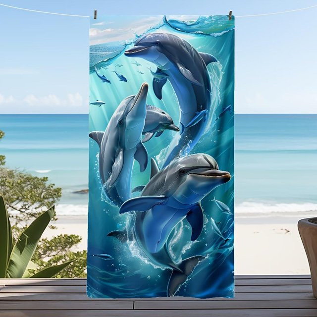 Ka Chen Muxi Delfin Strandtuch in Blau und Weiß, B: 76 cm, H: 152 cm - Bild 1