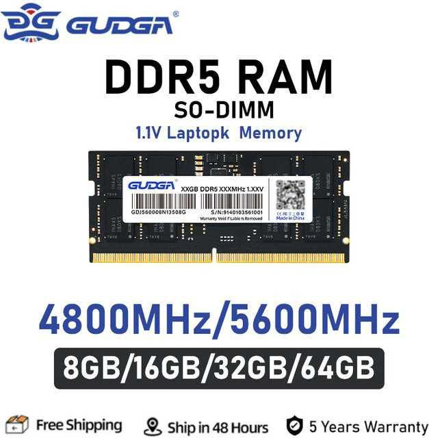 GUDGA DDR5 SODIMM RAM Arbeitsspeicher für Notebook, Laptop und MiniPC, 4800MHz oder 5600MHz, 8GB, 16GB oder 32GB, Farbe: Schwarz - Bild 1