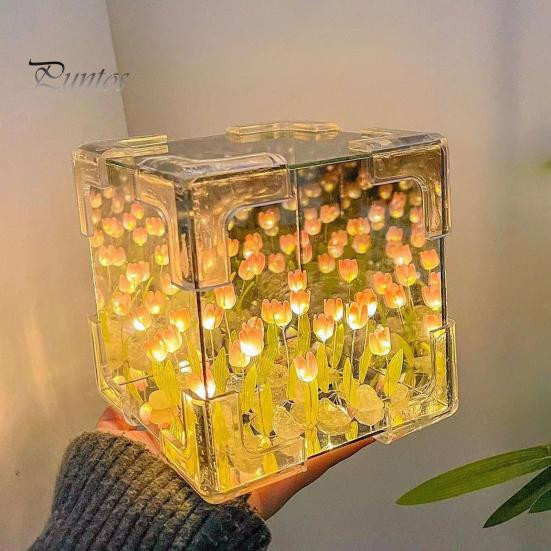 DIY Tulpen Würfel Spiegel Lampe als romantisches Nachtlicht zur Desktop Dekoration in Violett - Bild 1