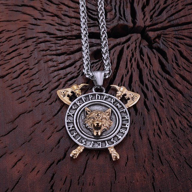 Vikings Anhänger Axt Wolf Kopf, Edelstahl, Gold, Herren - Bild 1