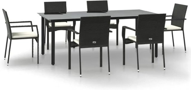 vidaXL 7-teilige Garten-Essgruppe aus Poly Rattan in Schwarz mit Kissen und Tisch aus gehärtetem Glas - Bild 1