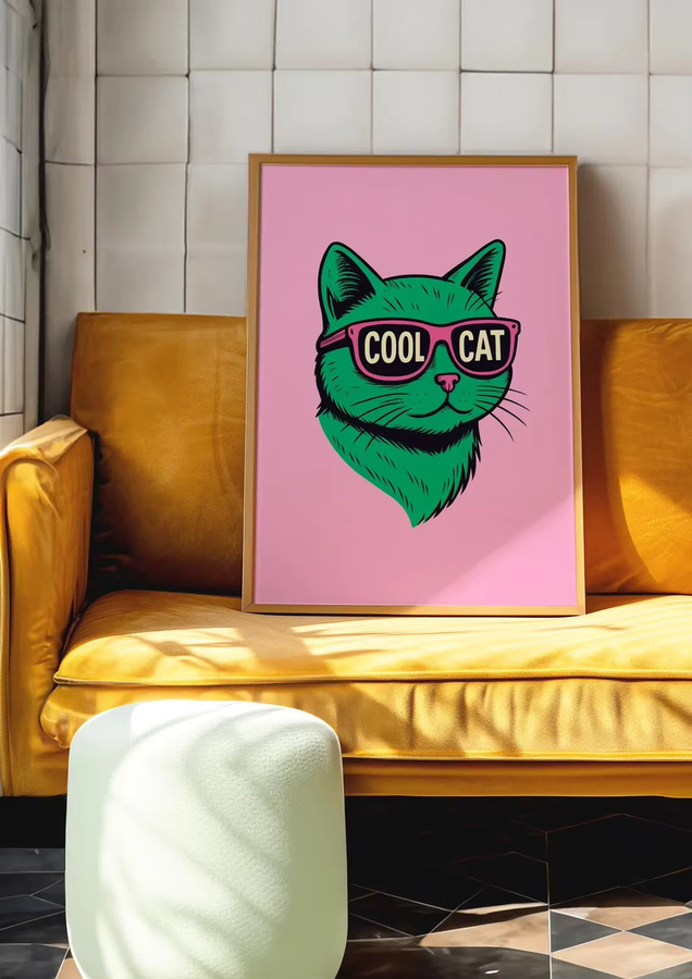 Retro Cool Cat Wanddekor von SHENCHEN - Grafische Illustration einer grünen Katze mit rosa Sonnenbrille und Typografie in rechteckiger Form - Bild 4