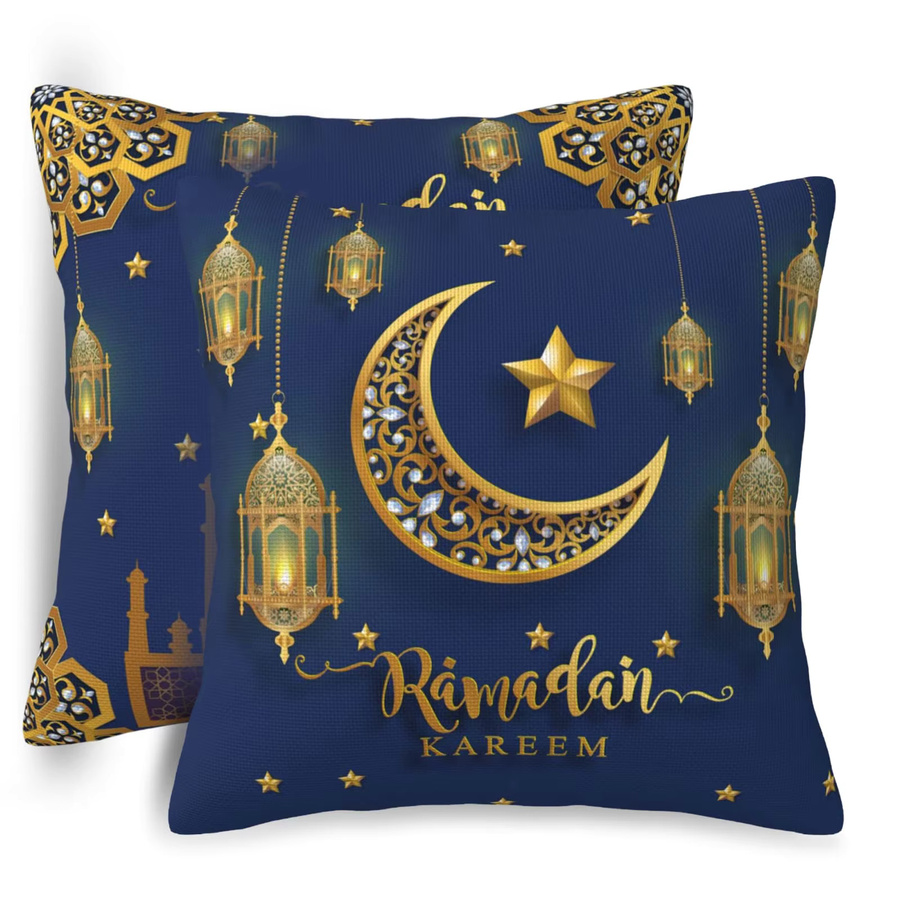 VIKAMA 2 Stück Kissenbezüge mit Ramadan-Motiv in Marineblau und Gold, quadratisch, 30 x 30 cm - Bild 2